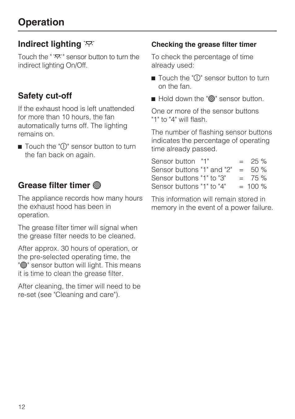 Indirect lighting 12, Safety cut-off 12, Grease filter timer l 12 | Operation, Indirect lighting, Safety cut-off, Grease filter timer l | Miele DA5000D User Manual | Page 12 / 32