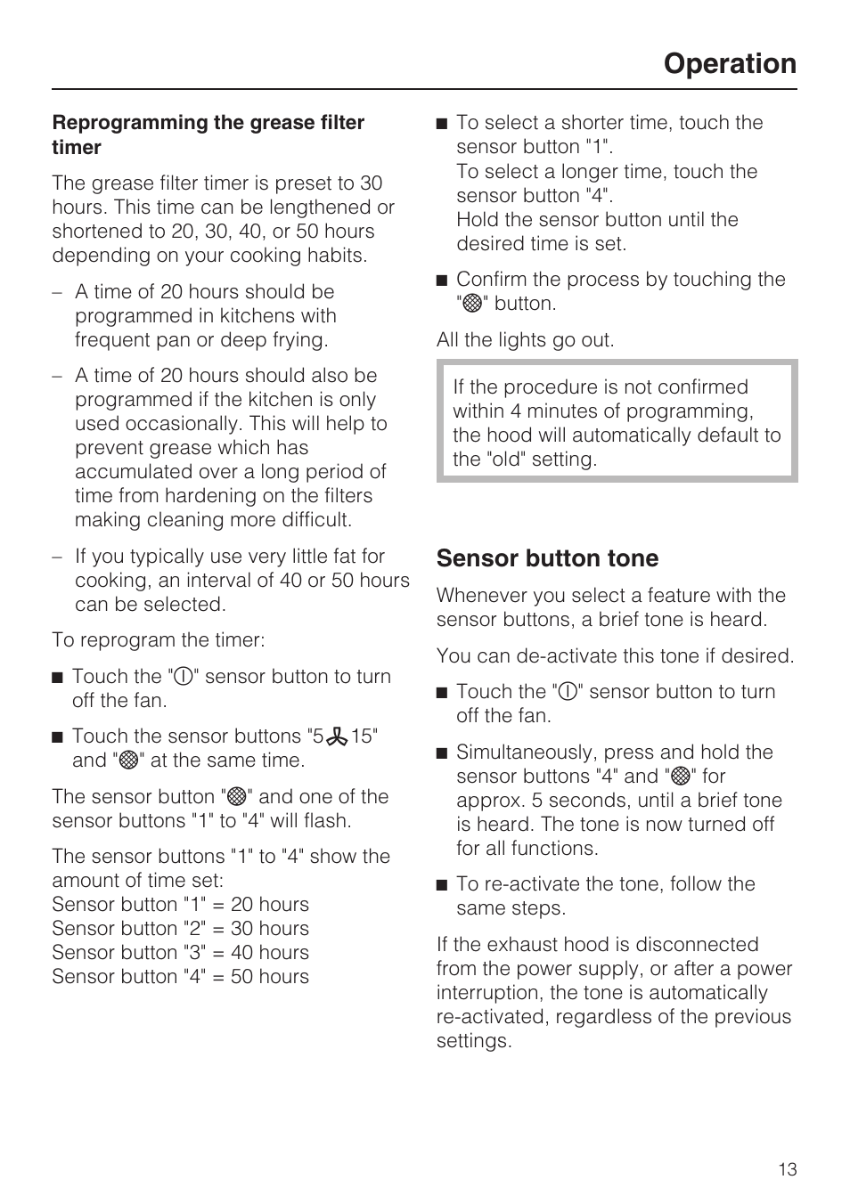 Sensor button tone 13, Operation, Sensor button tone | Miele DA5000D User Manual | Page 13 / 32