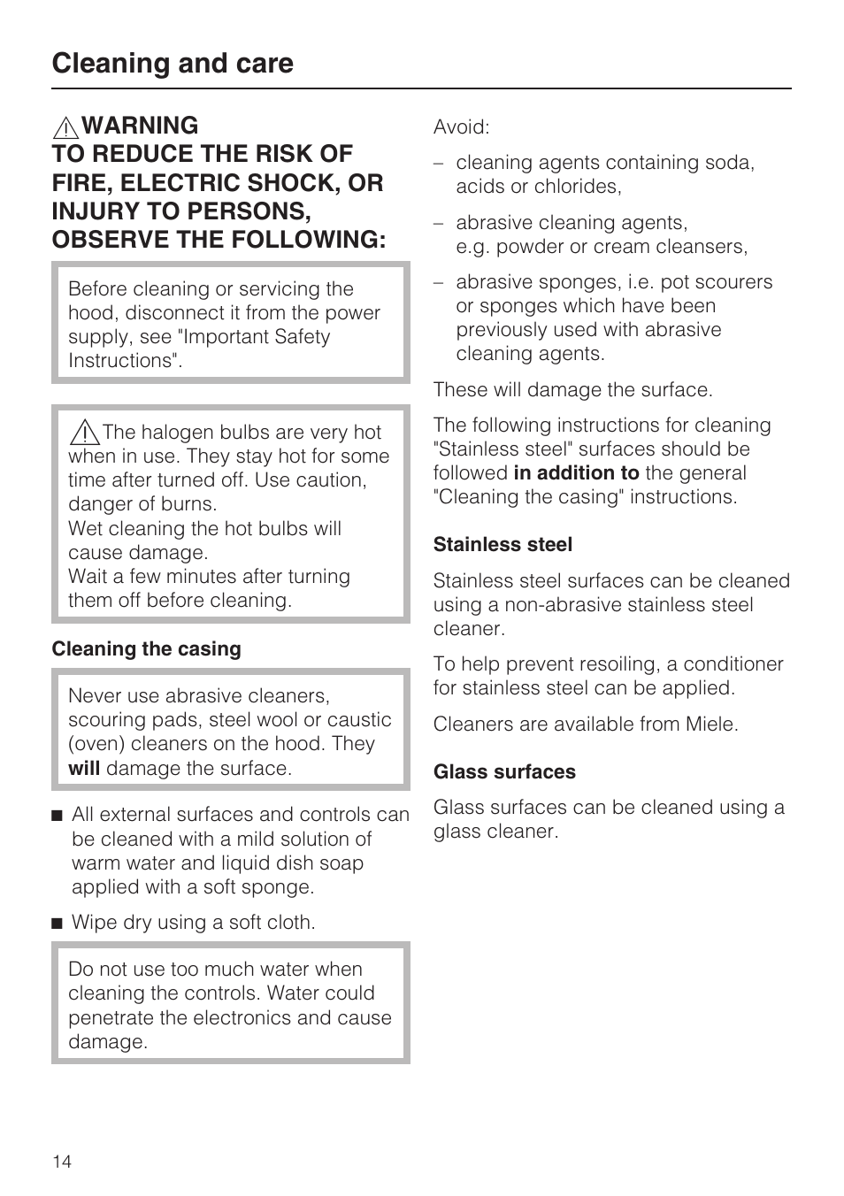 Cleaning and care 14, Cleaning and care | Miele DA5000D User Manual | Page 14 / 32