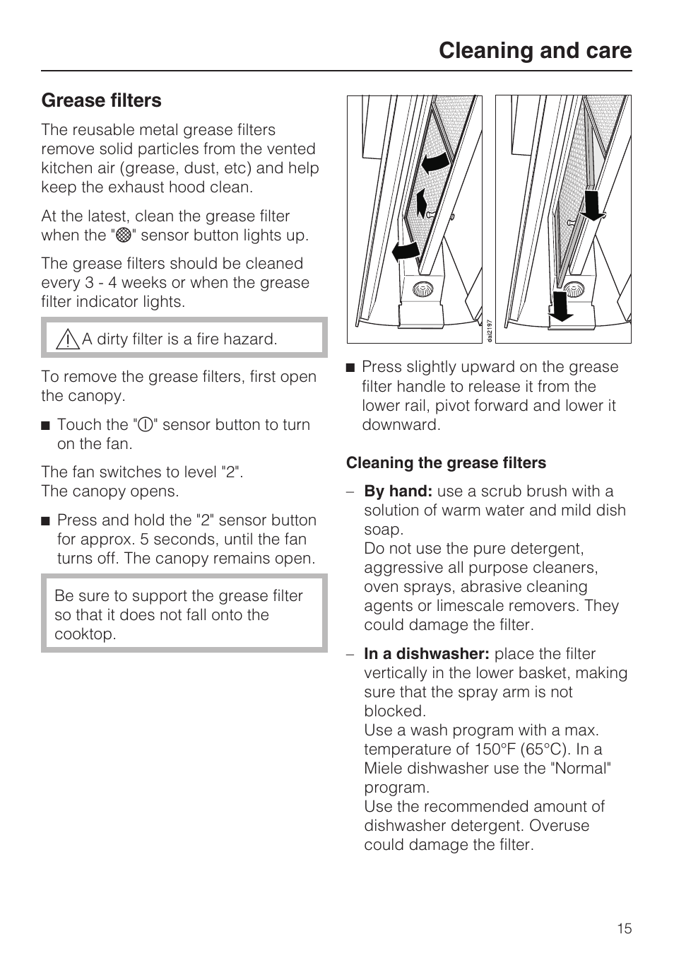 Grease filters 15, Cleaning and care, Grease filters | Miele DA5000D User Manual | Page 15 / 32