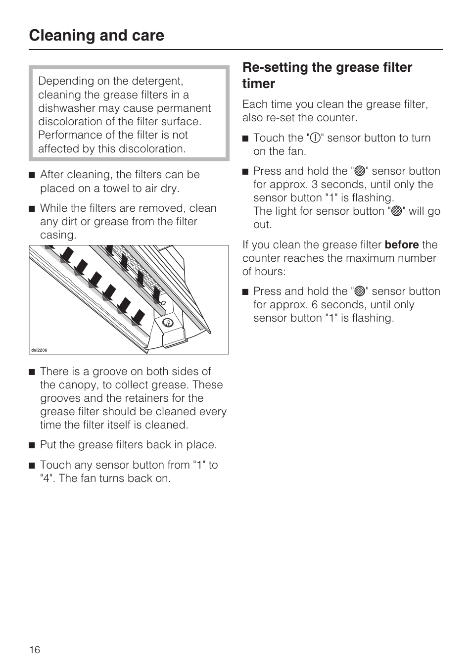 Re-setting the grease filter timer 16, Cleaning and care, Re-setting the grease filter timer | Miele DA5000D User Manual | Page 16 / 32