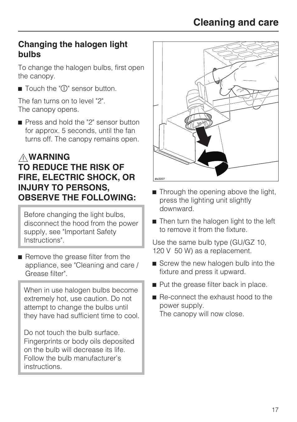 Changing the halogen light bulbs 17, Cleaning and care, Changing the halogen light bulbs | Miele DA5000D User Manual | Page 17 / 32