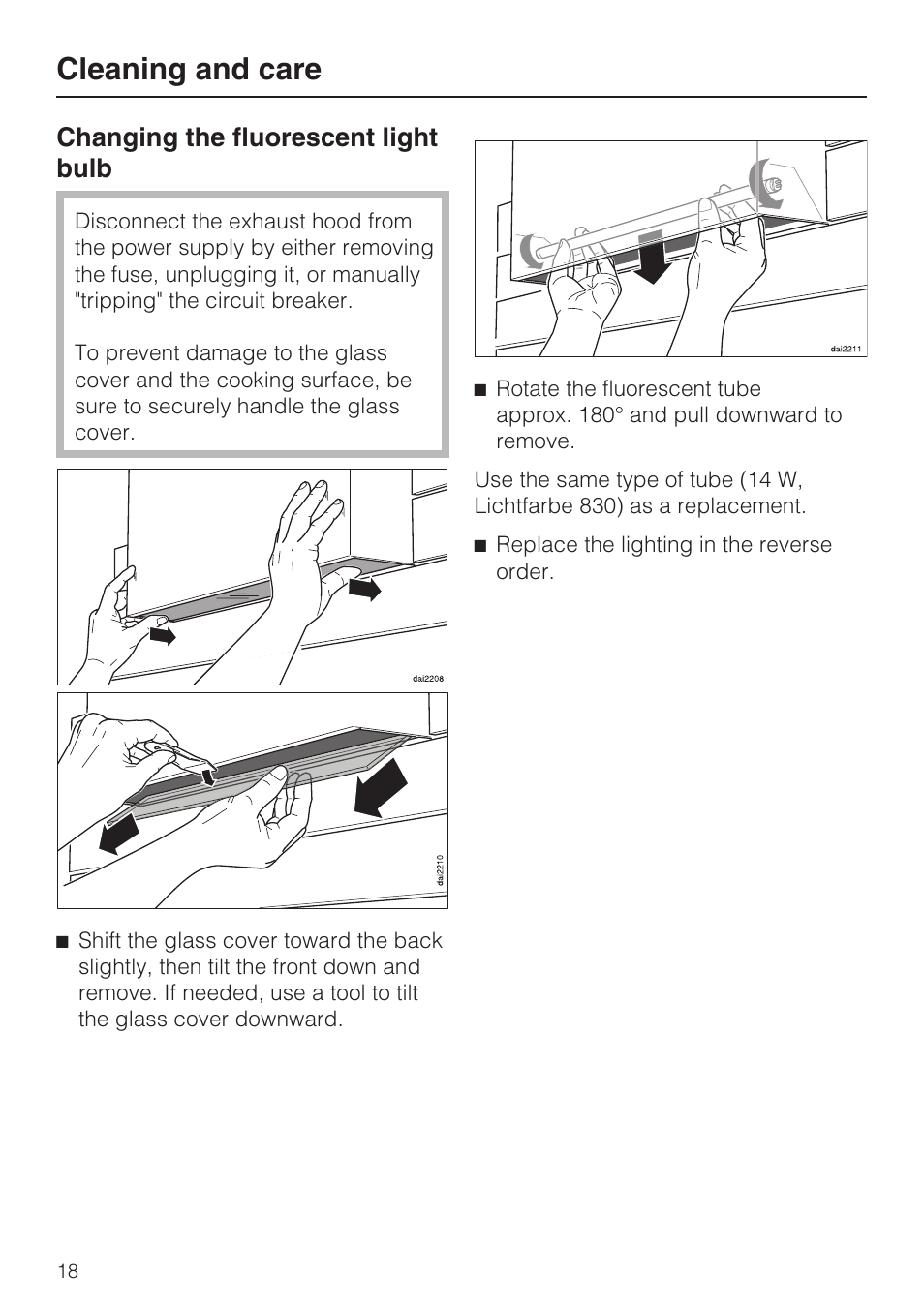 Changing the fluorescent light bulb 18, Cleaning and care, Changing the fluorescent light bulb | Miele DA5000D User Manual | Page 18 / 32