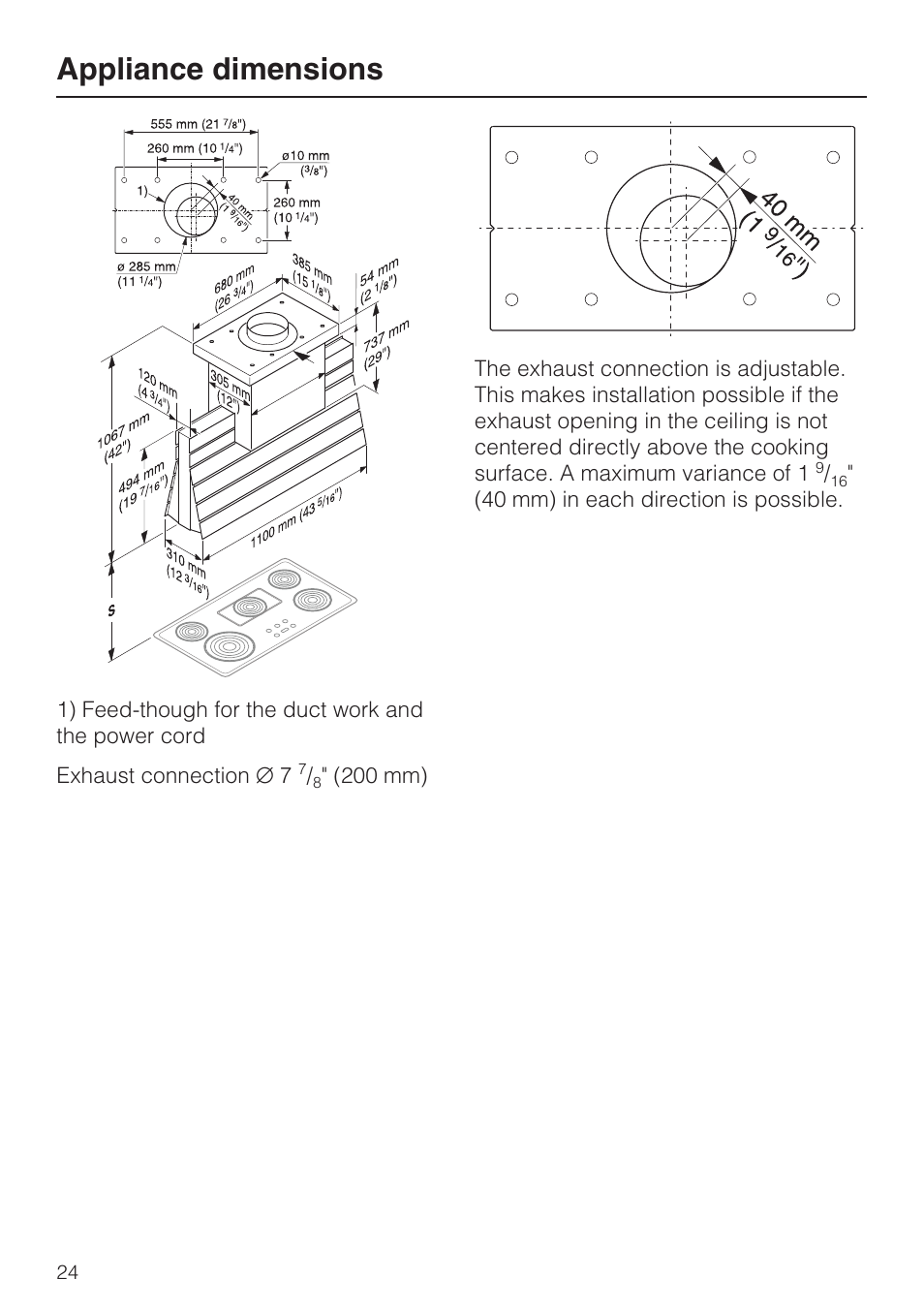 Appliance dimensions 24, Appliance dimensions | Miele DA5000D User Manual | Page 24 / 32