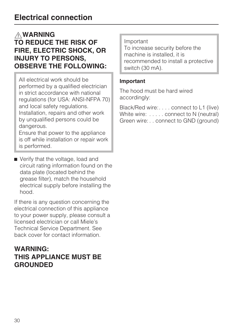 Electrical connection 30, Electrical connection, Warning: this appliance must be grounded | Miele DA5000D User Manual | Page 30 / 32