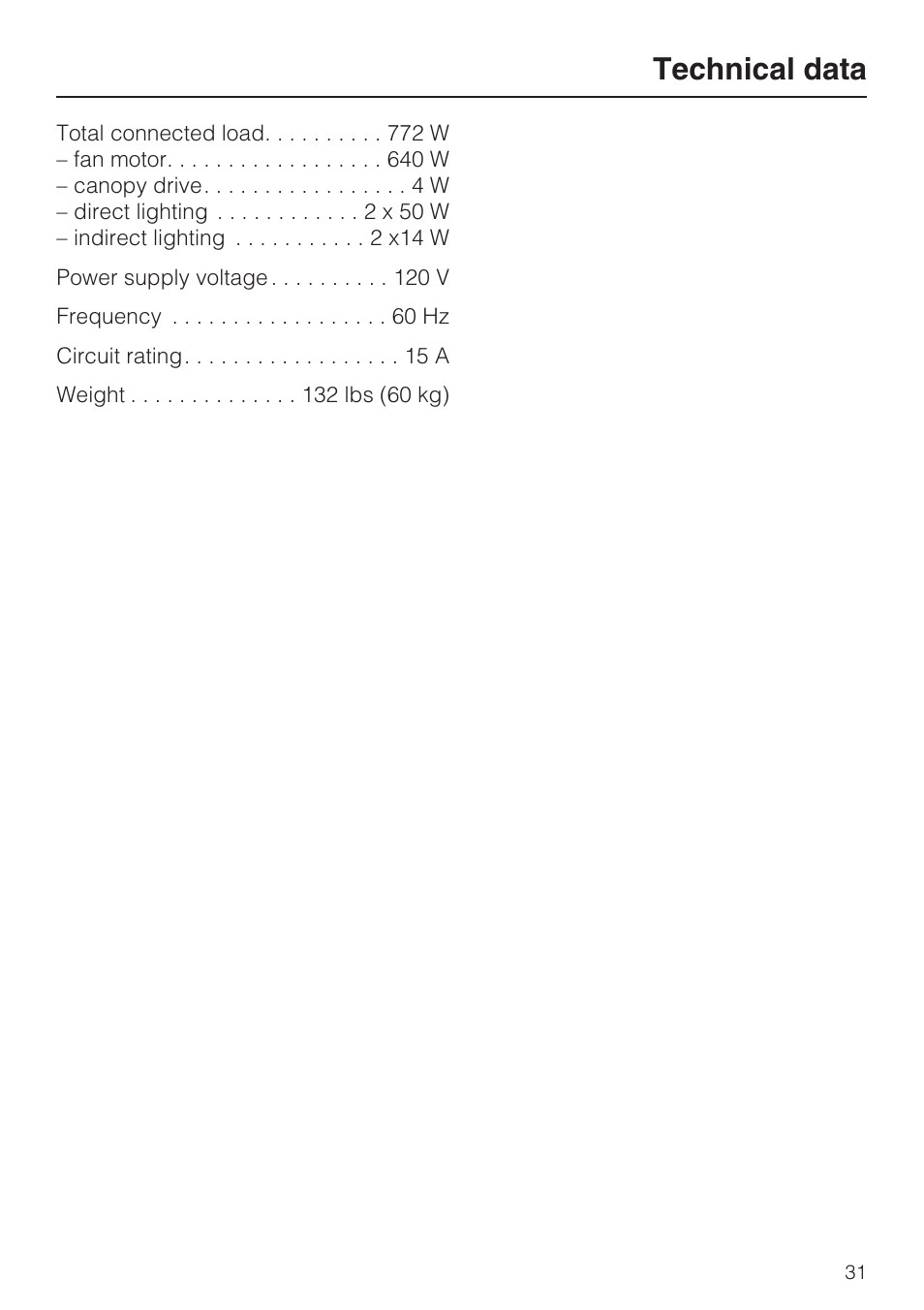 Technical data 31, Technical data | Miele DA5000D User Manual | Page 31 / 32