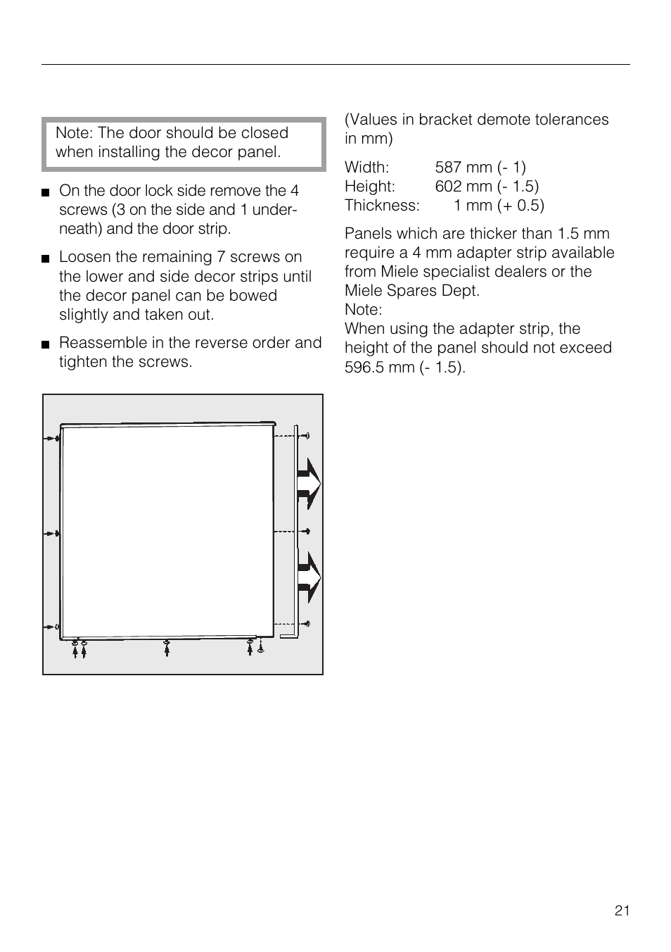 Installation, Changing the decor panel | Miele T1520 User Manual | Page 21 / 32