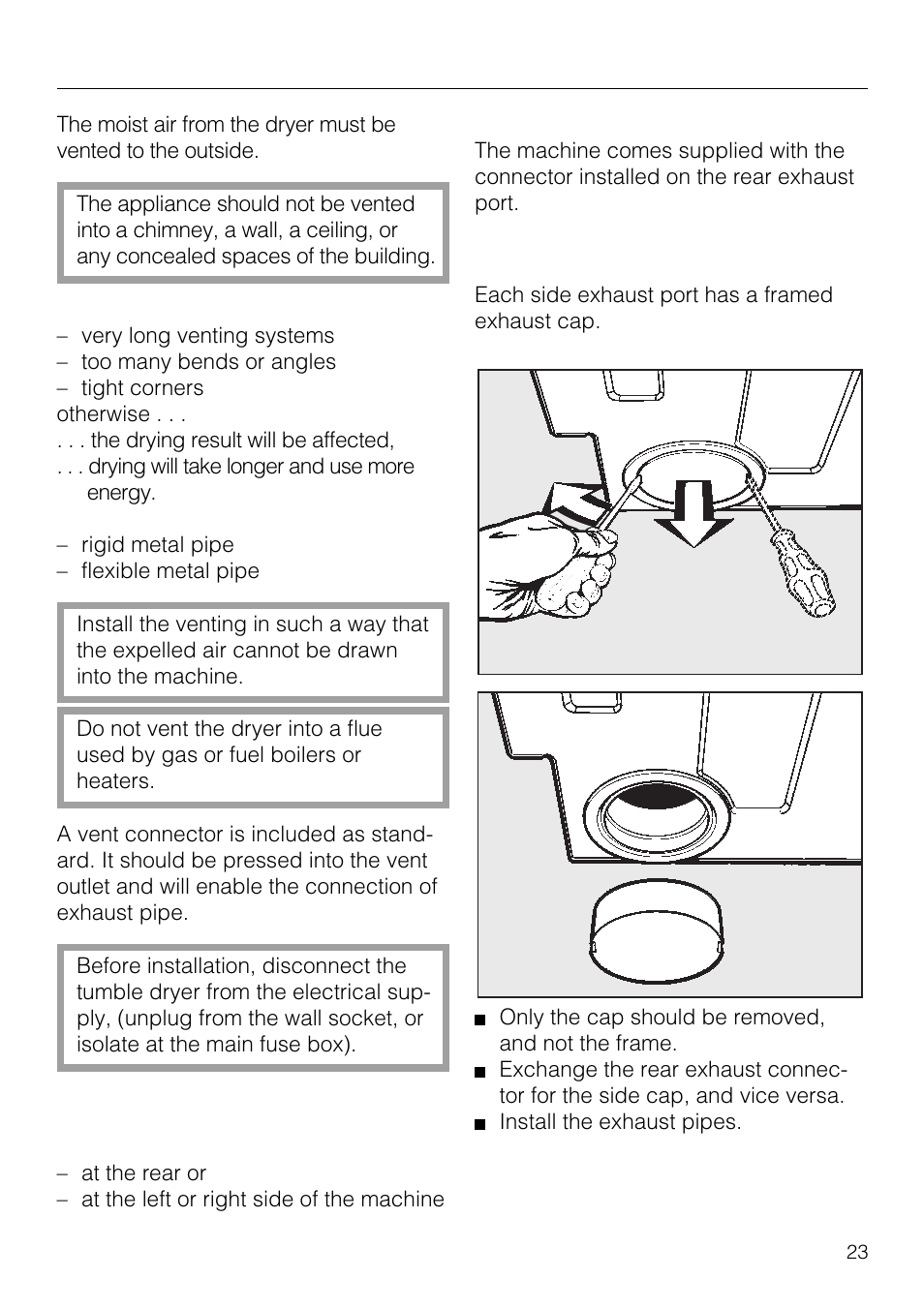 Installation - venting 23, Consumption data 28, Installation - venting | The exhaust connection can be made | Miele T1520 User Manual | Page 23 / 32