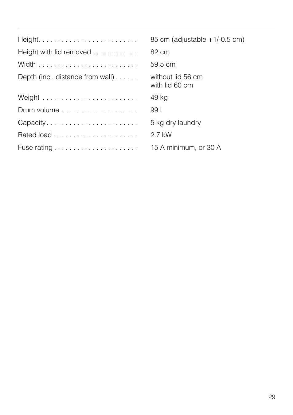 Technical data 29, Technical data | Miele T1520 User Manual | Page 29 / 32
