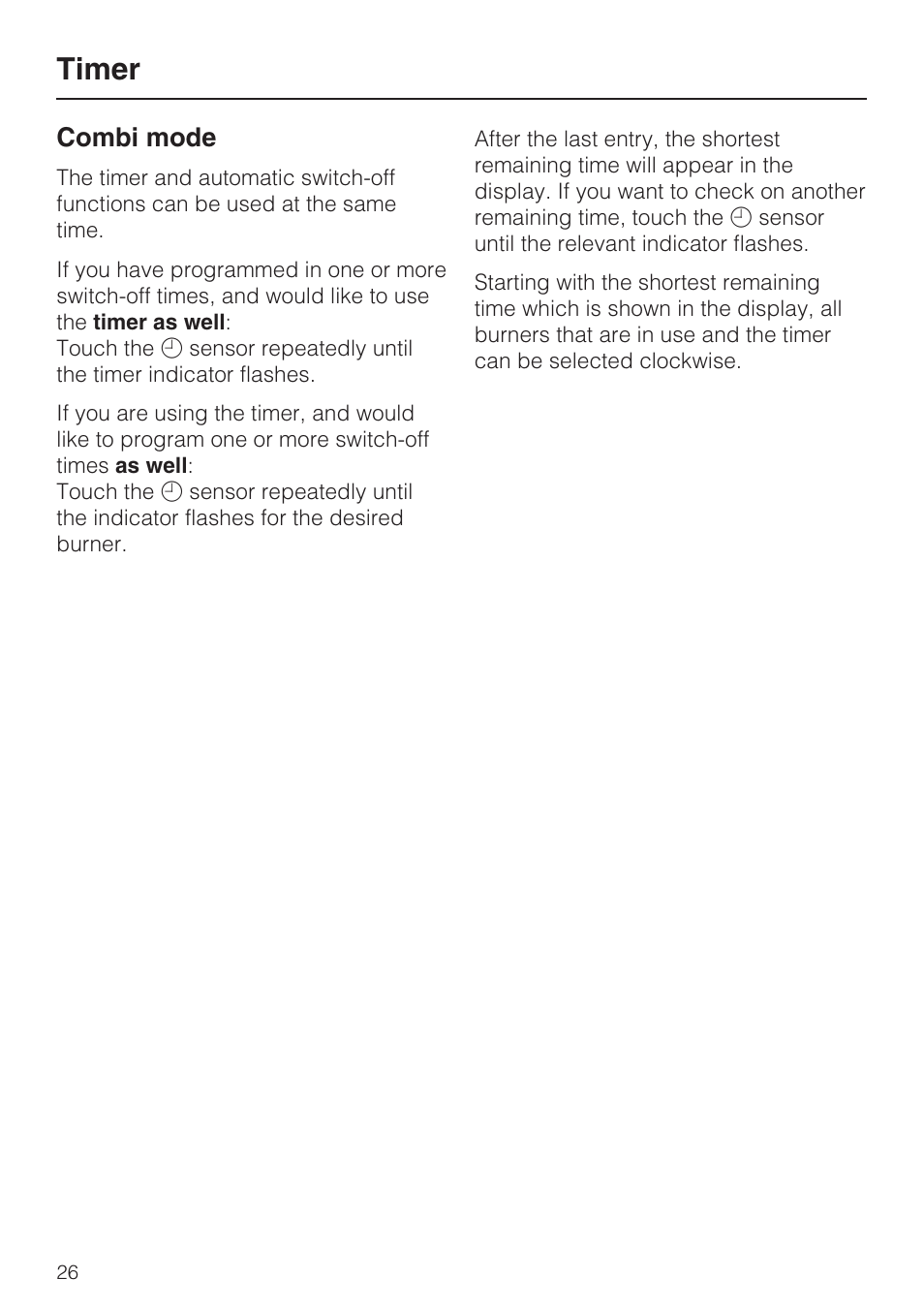 Combi mode 26, Timer, Combi mode | Miele CERAMIC COOKTOP WITH INDUCTION KM 5758 User Manual | Page 26 / 52