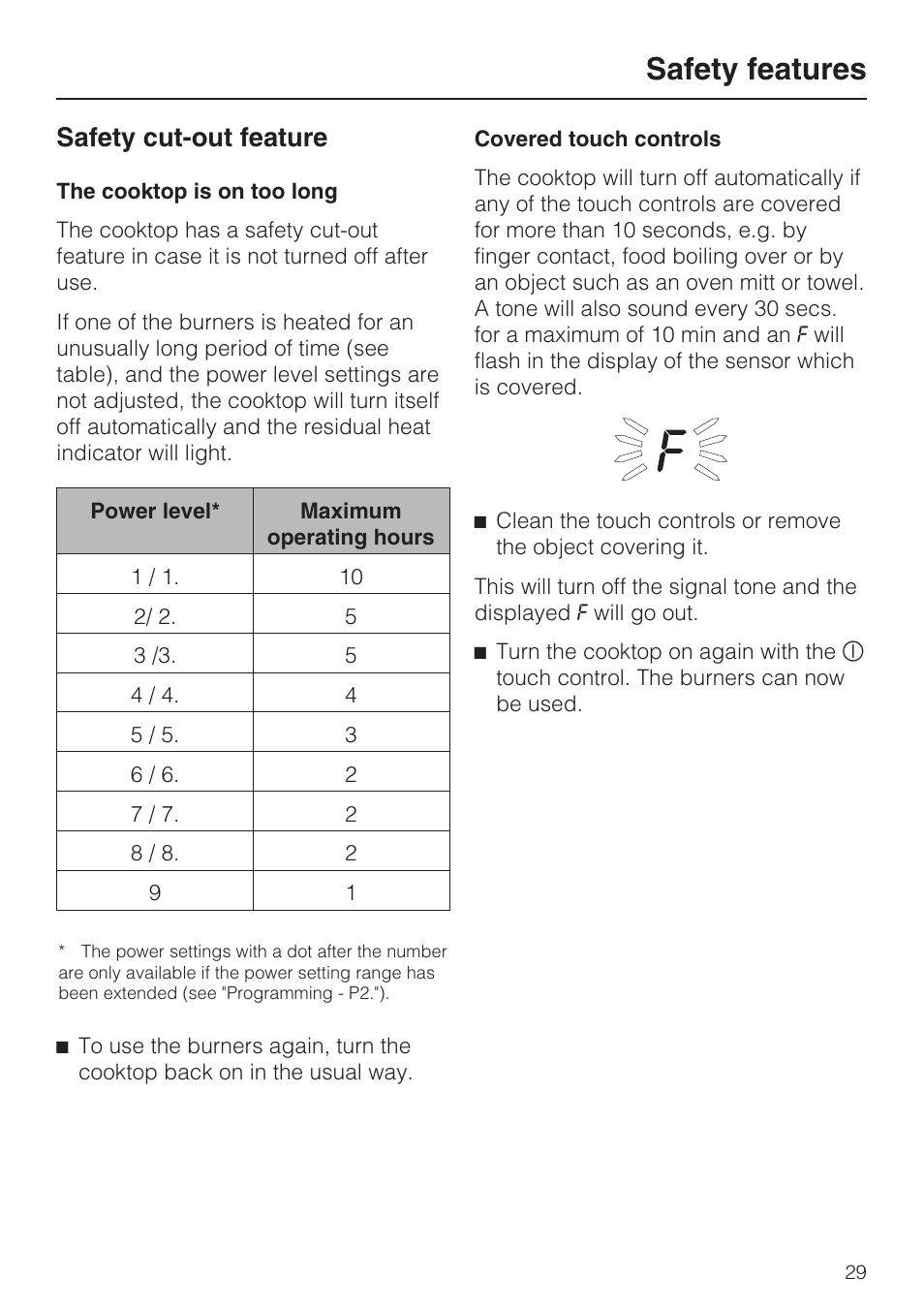 Safety cut-out feature 29, Safety features, Safety cut-out feature | Miele CERAMIC COOKTOP WITH INDUCTION KM 5758 User Manual | Page 29 / 52