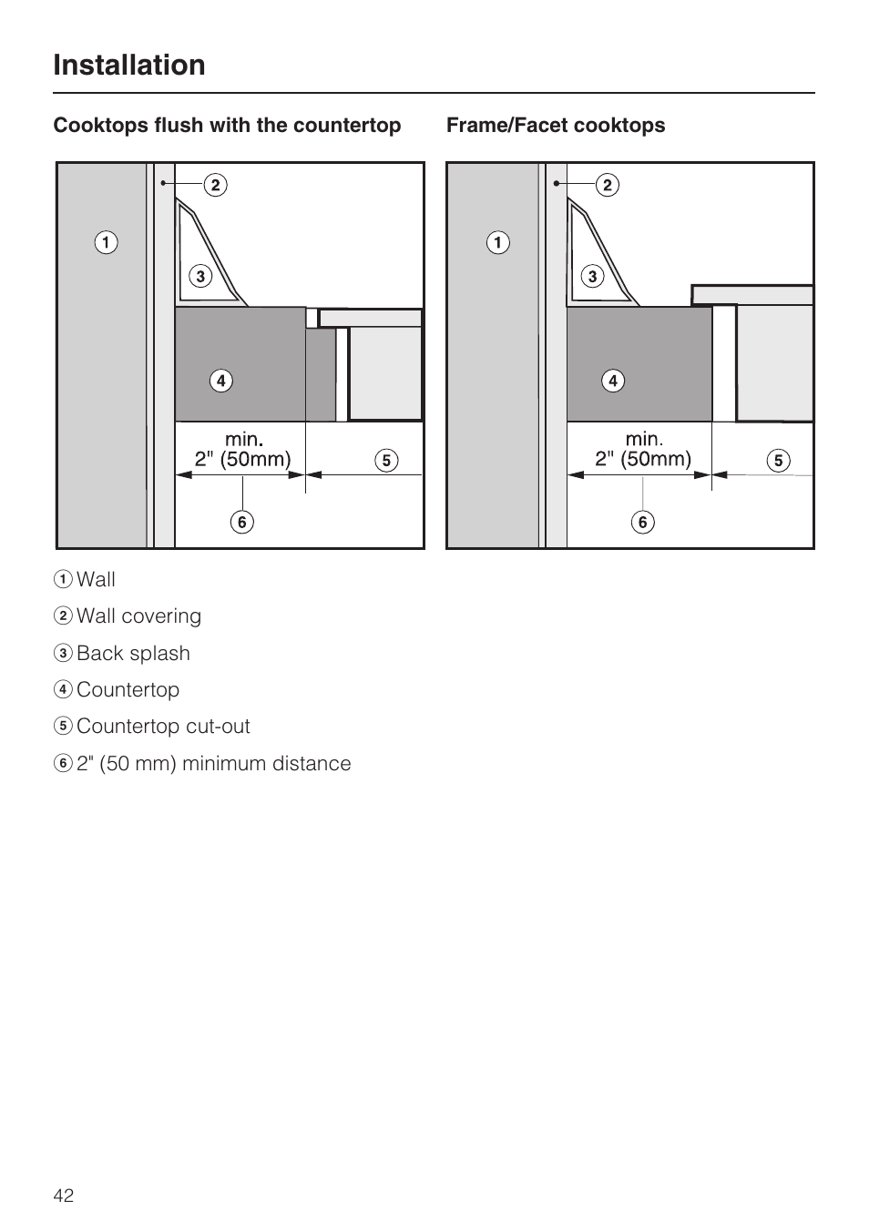 Installation 42, Installation | Miele CERAMIC COOKTOP WITH INDUCTION KM 5758 User Manual | Page 42 / 52