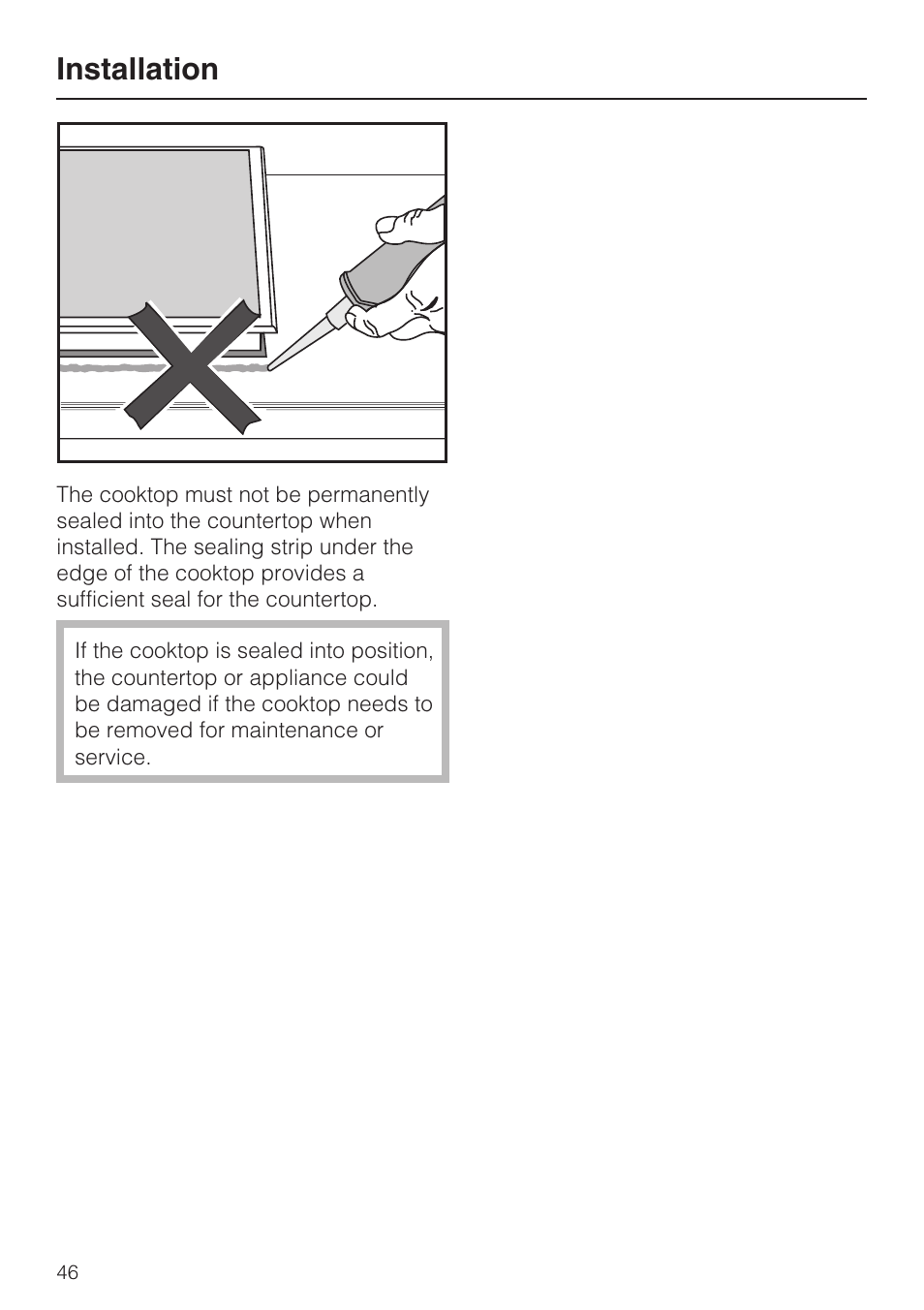 Installation | Miele CERAMIC COOKTOP WITH INDUCTION KM 5758 User Manual | Page 46 / 52