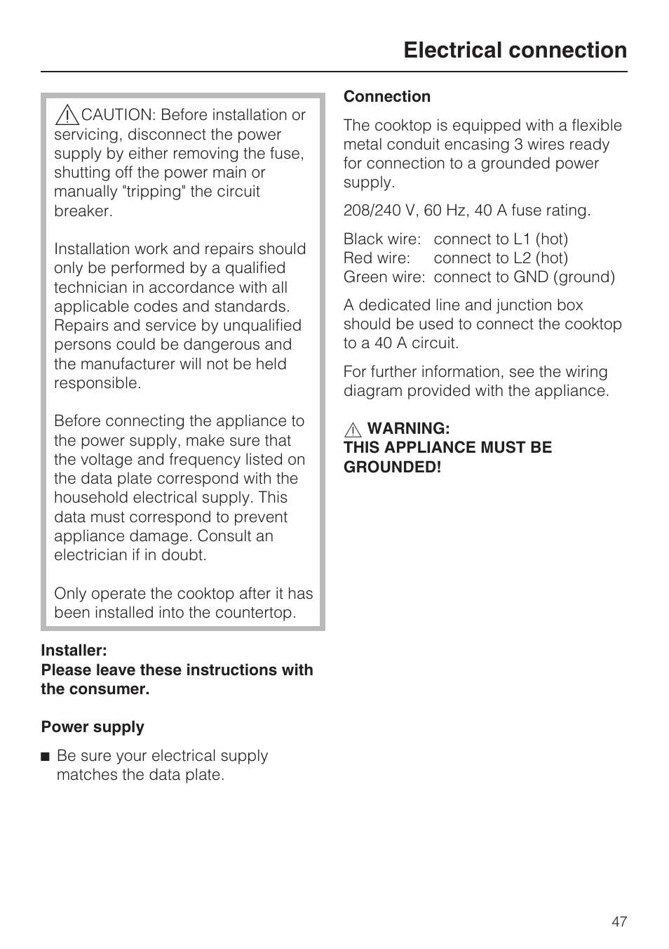 Electrical connection 47, Electrical connection | Miele CERAMIC COOKTOP WITH INDUCTION KM 5758 User Manual | Page 47 / 52