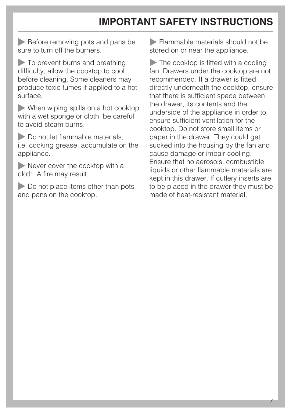 Important safety instructions | Miele CERAMIC COOKTOP WITH INDUCTION KM 5758 User Manual | Page 7 / 52