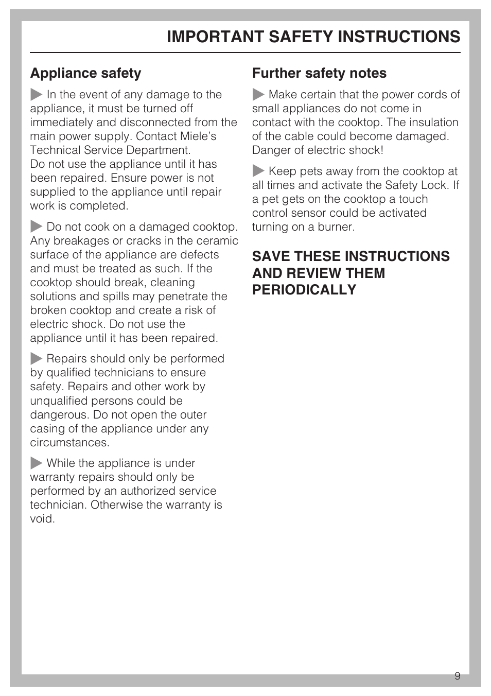 Important safety instructions | Miele CERAMIC COOKTOP WITH INDUCTION KM 5758 User Manual | Page 9 / 52