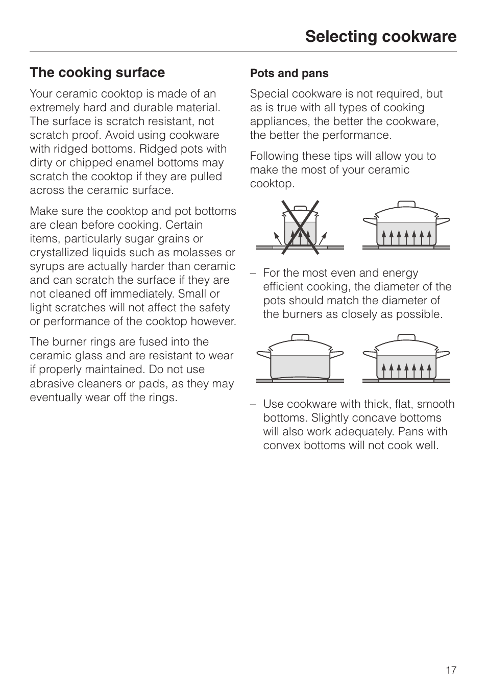 Selecting cookware 17, The cooking surface 17, Selecting cookware | The cooking surface | Miele KM424 User Manual | Page 17 / 24