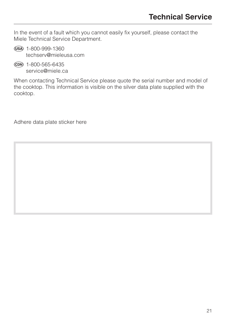 Technical service 21, Technical service | Miele KM424 User Manual | Page 21 / 24