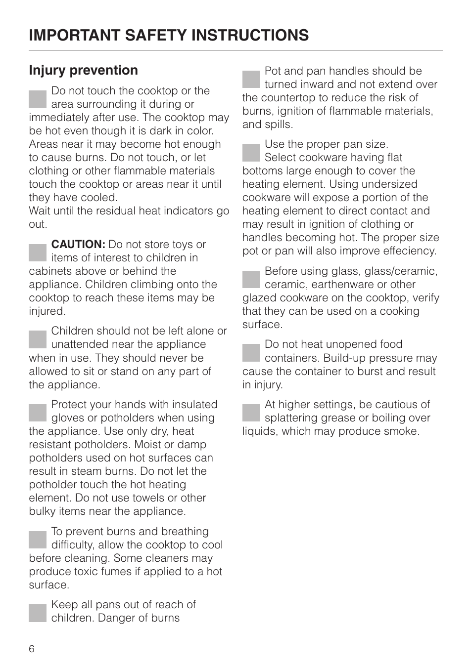 Important safety instructions, Injury prevention | Miele KM424 User Manual | Page 6 / 24