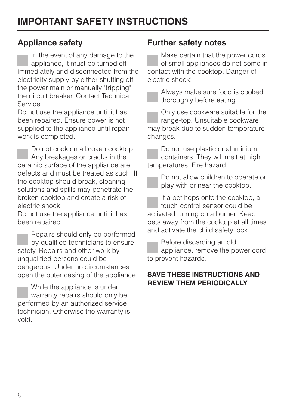 Important safety instructions, Appliance safety | Miele KM424 User Manual | Page 8 / 24