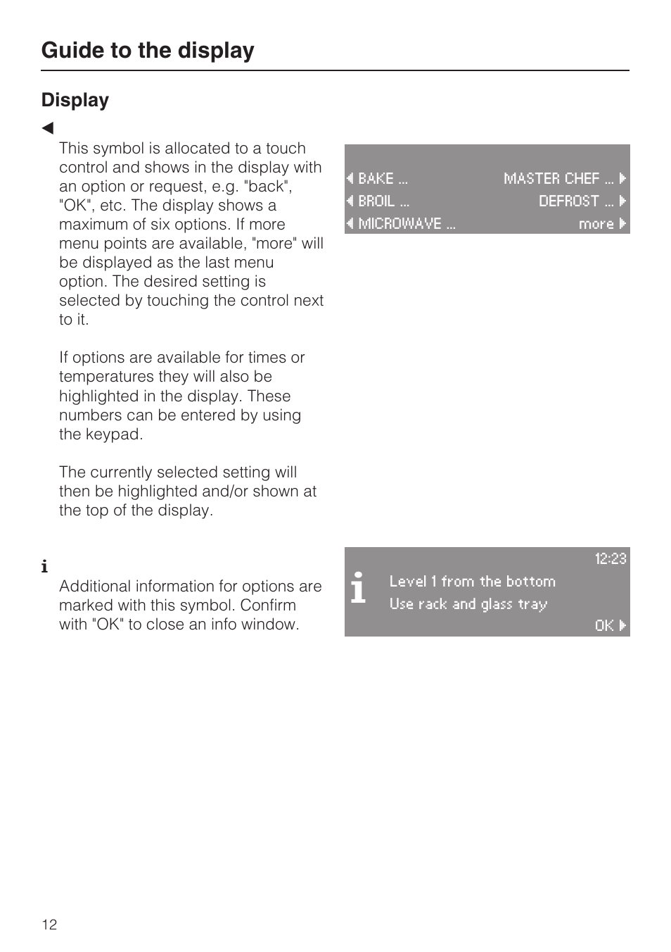 Guide to the display, Display | Miele H 4084 BM User Manual | Page 12 / 72