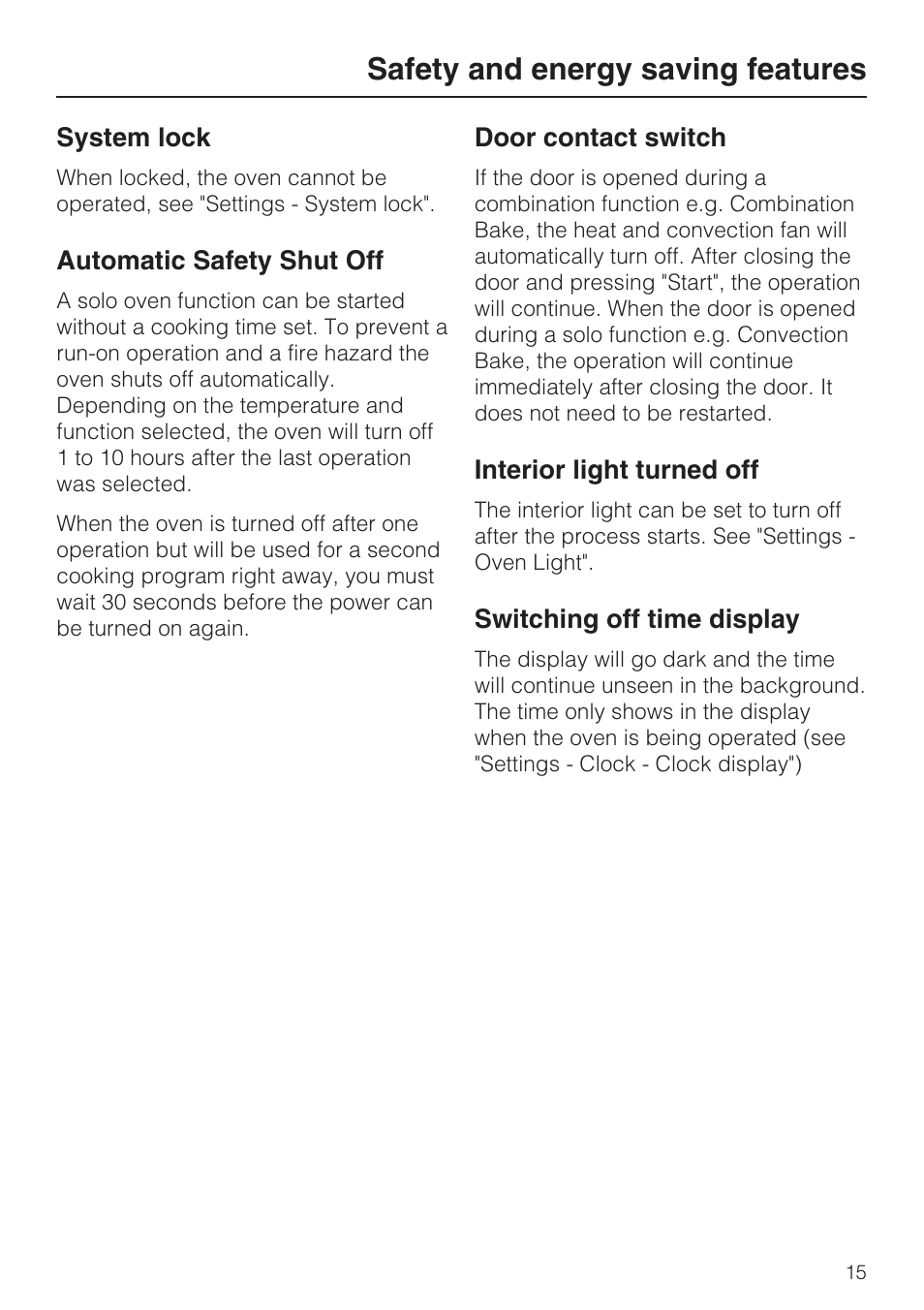 Safety and energy saving features 15, Safety and energy saving features | Miele H 4084 BM User Manual | Page 15 / 72