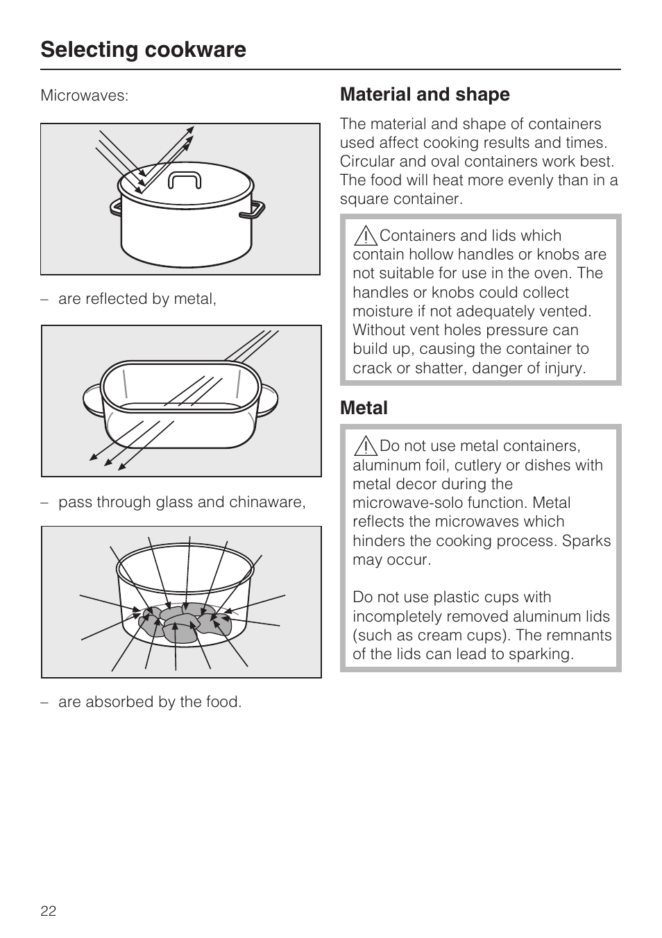 Selecting cookware 22, Selecting cookware | Miele H 4084 BM User Manual | Page 22 / 72