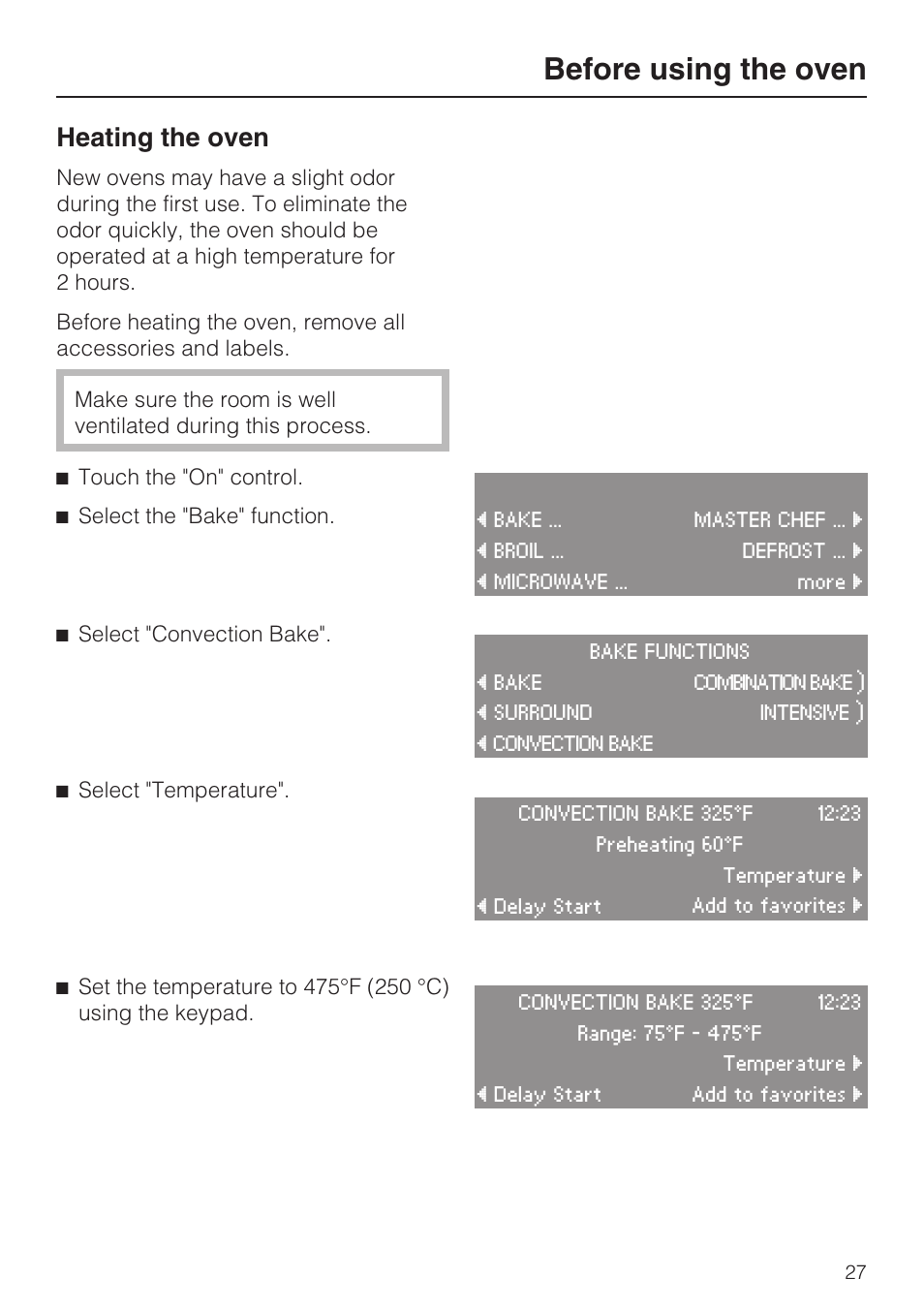 Heating the oven 27, Before using the oven, Heating the oven | Miele H 4084 BM User Manual | Page 27 / 72
