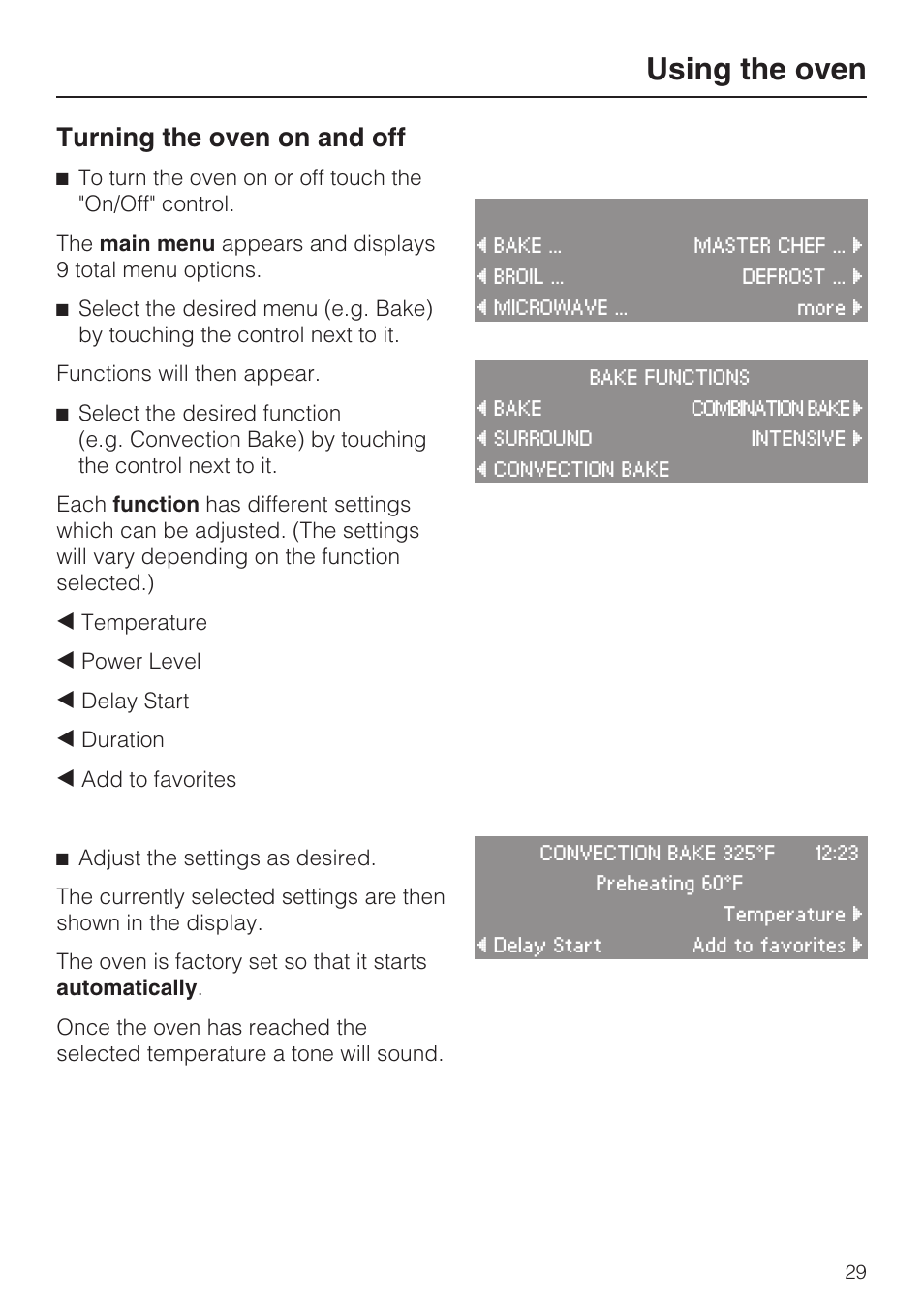 Using the oven 29, Using the oven, Turning the oven on and off | Miele H 4084 BM User Manual | Page 29 / 72