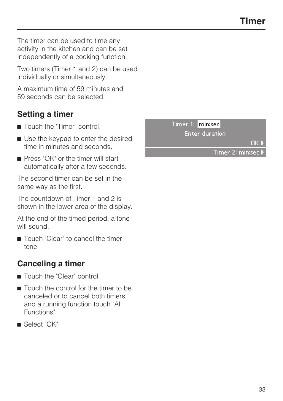 Timer 33, Timer, Setting a timer | Canceling a timer | Miele H 4084 BM User Manual | Page 33 / 72