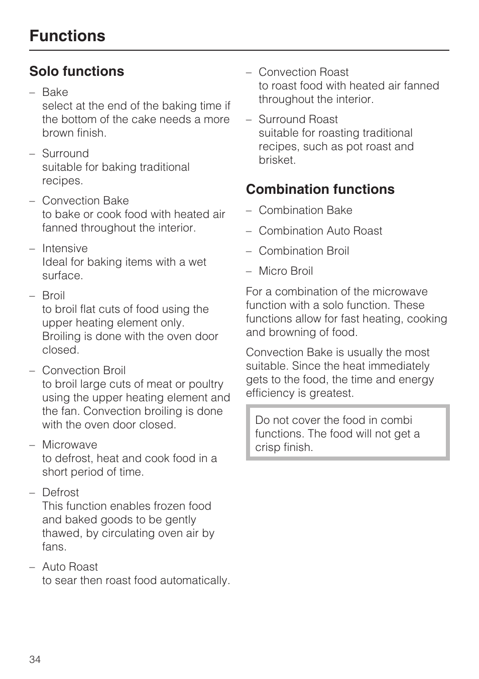 Functions 34, Functions, Solo functions | Combination functions | Miele H 4084 BM User Manual | Page 34 / 72