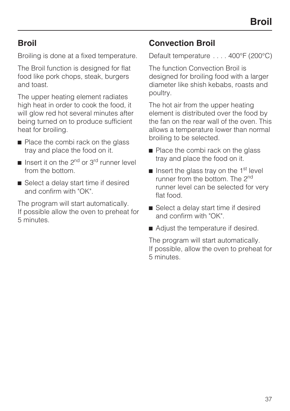 Broil 37, Broil, Convection broil | Miele H 4084 BM User Manual | Page 37 / 72