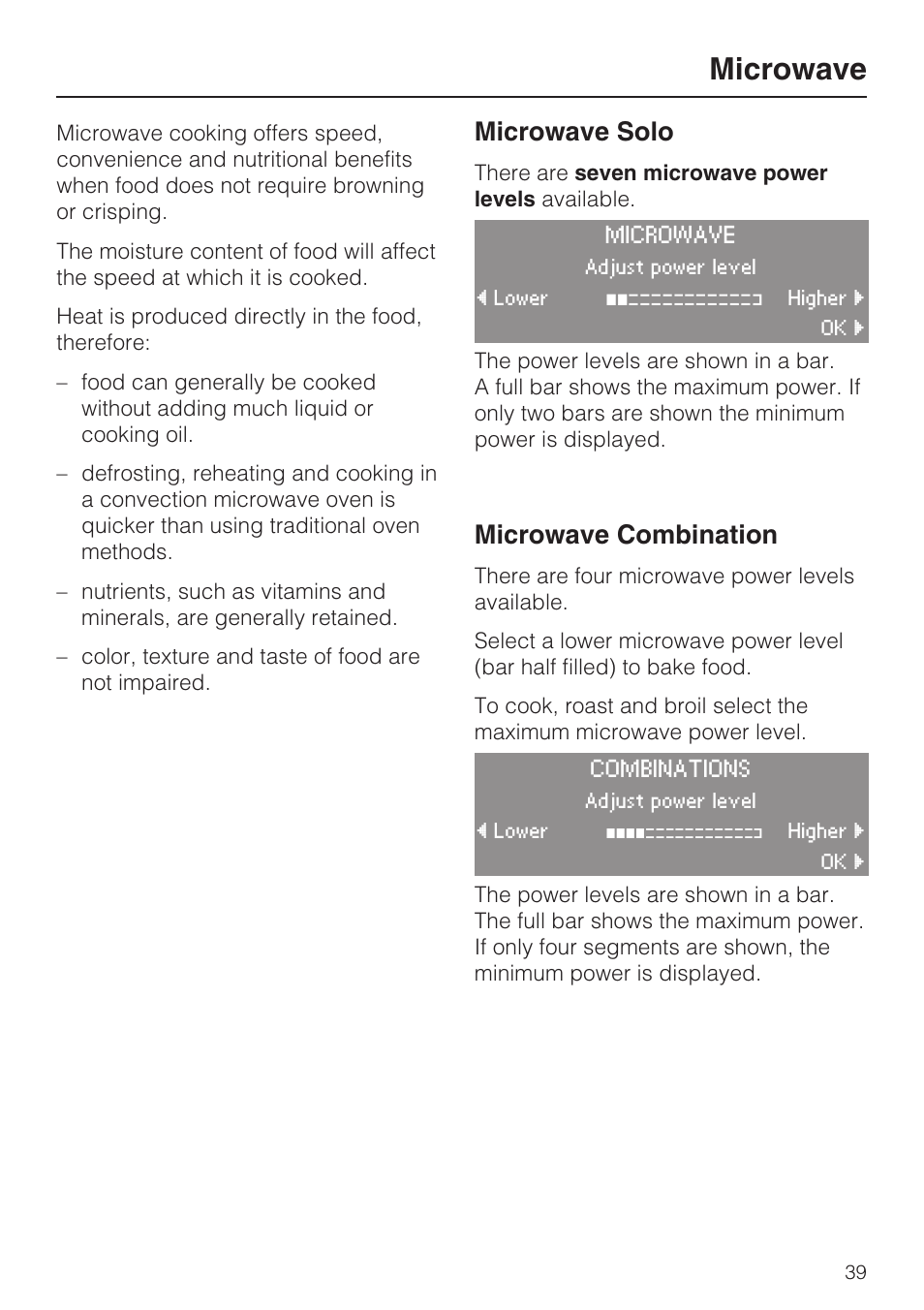 Microwave 39, Microwave, Microwave solo | Microwave combination | Miele H 4084 BM User Manual | Page 39 / 72