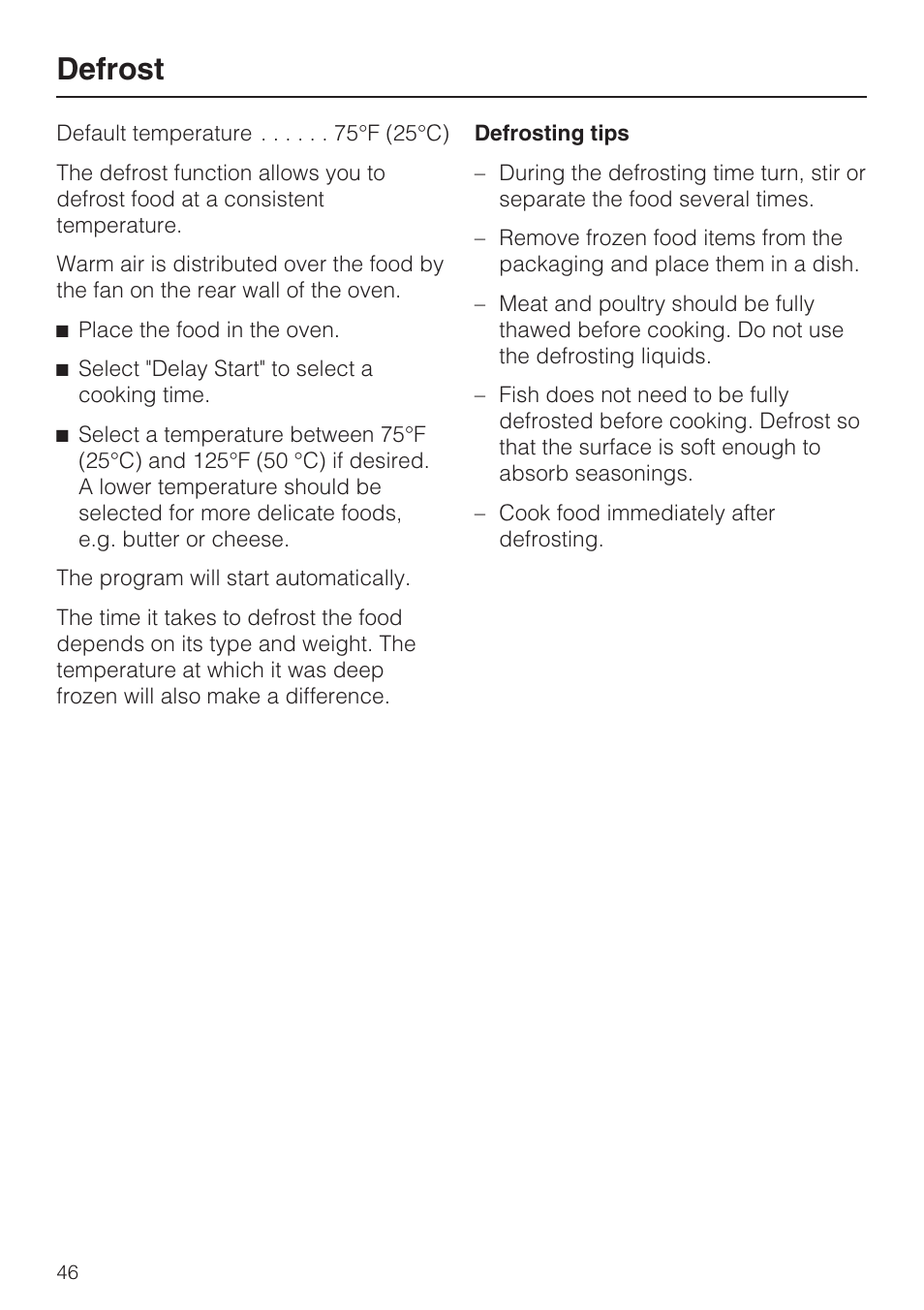 Defrost 46, Defrost | Miele H 4084 BM User Manual | Page 46 / 72