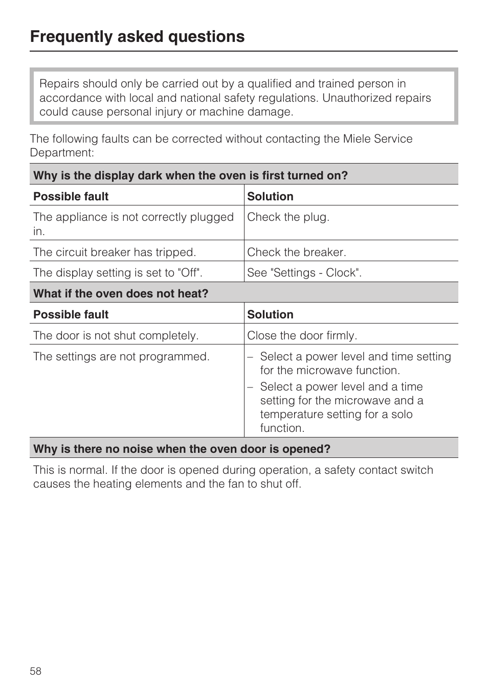 Frequently asked questions 58, Frequently asked questions | Miele H 4084 BM User Manual | Page 58 / 72