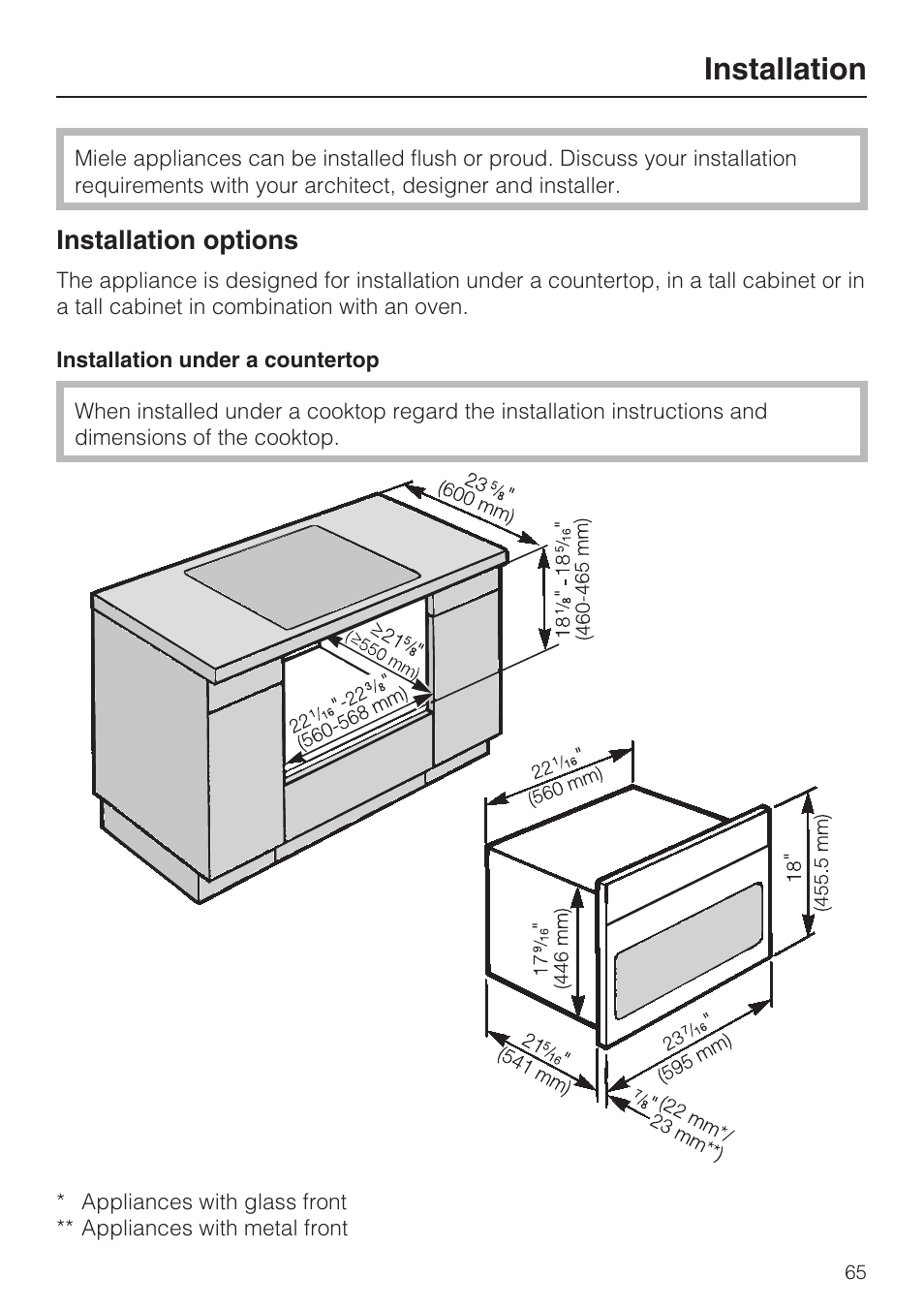 Installation 65, Installation, Installation options | Miele H 4084 BM User Manual | Page 65 / 72