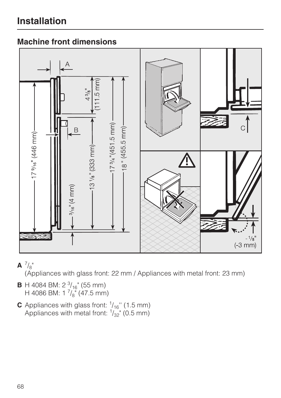 Machine front dimensions 68, Installation, Machine front dimensions | Miele H 4084 BM User Manual | Page 68 / 72