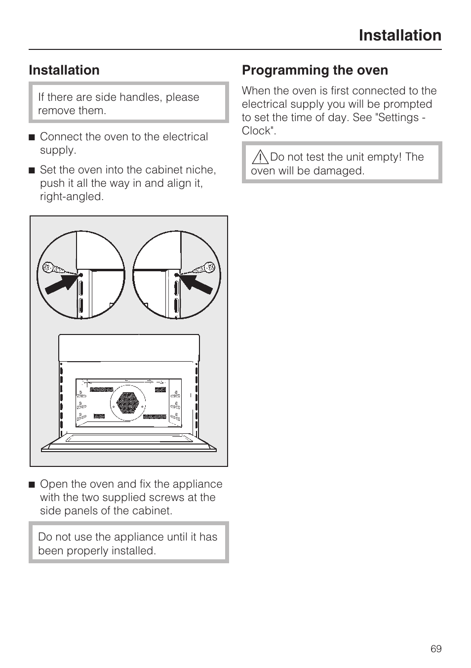 Programming the oven 69, Installation | Miele H 4084 BM User Manual | Page 69 / 72