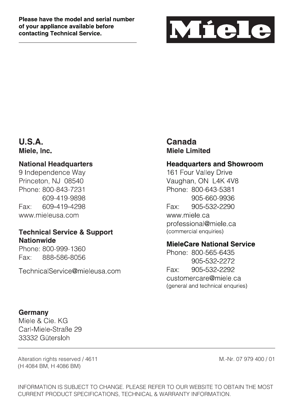 Miele H 4084 BM User Manual | Page 72 / 72