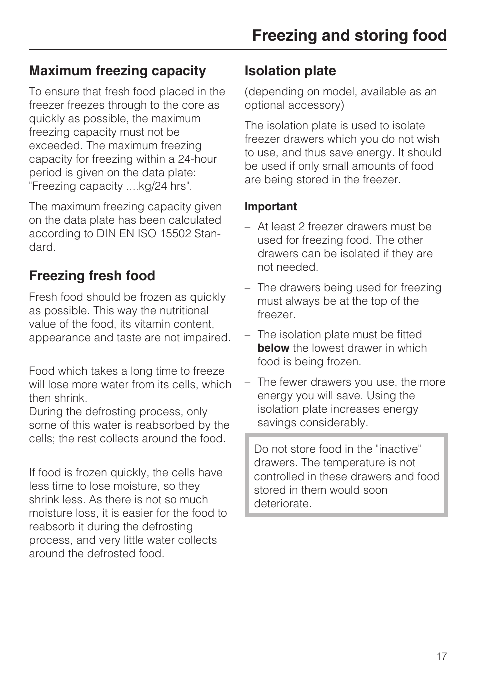Freezing and storing food 17, Maximum freezing capacity 17, Freezing fresh food 17 | Isolation plate 17, Important 17, Freezing and storing food, Maximum freezing capacity, Freezing fresh food, Isolation plate | Miele FN 12620 S User Manual | Page 17 / 40