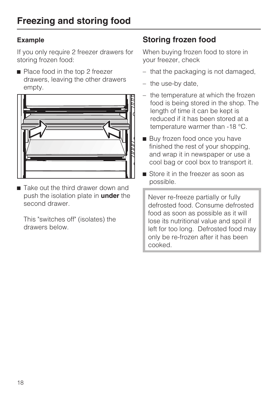 Storing frozen food 18, Freezing and storing food, Storing frozen food | Miele FN 12620 S User Manual | Page 18 / 40