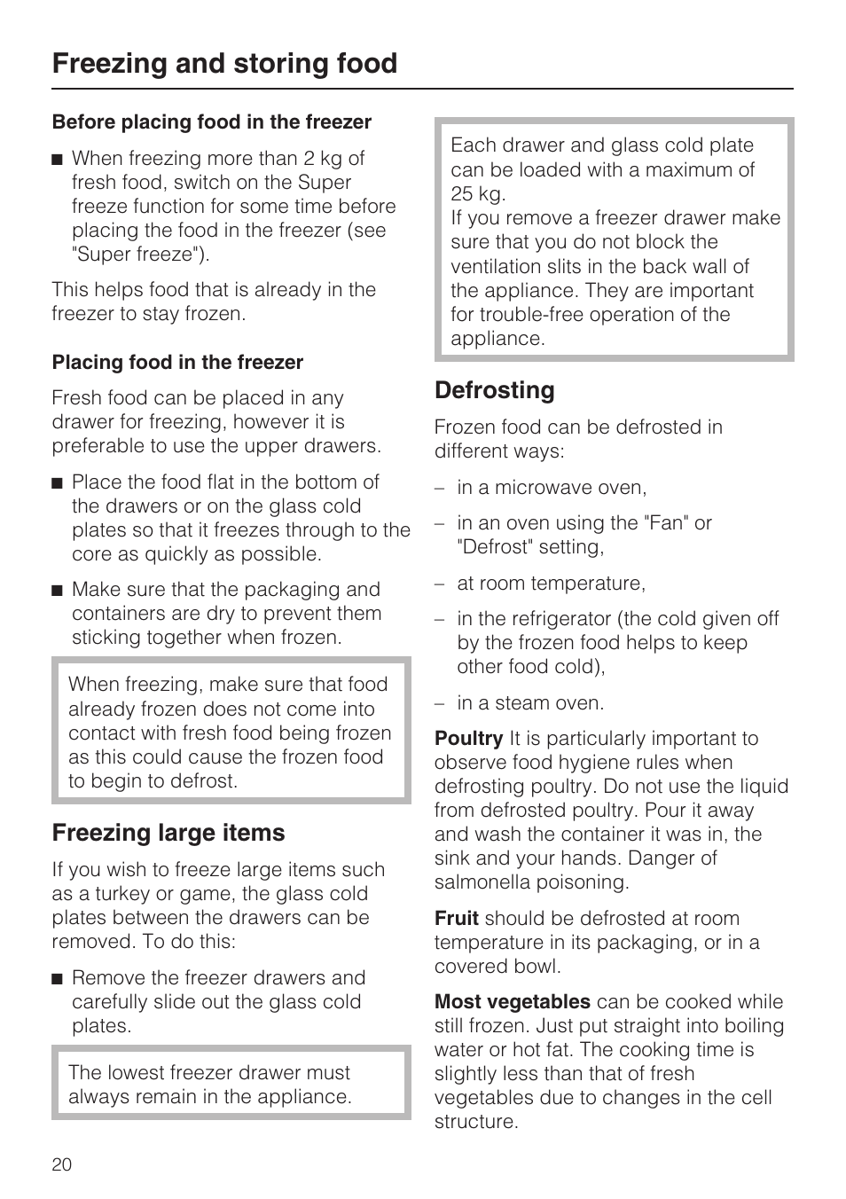 Before placing food in the freezer 20, Placing food in the freezer 20, Freezing large items 20 | Defrosting 20, Freezing and storing food, Freezing large items, Defrosting | Miele FN 12620 S User Manual | Page 20 / 40
