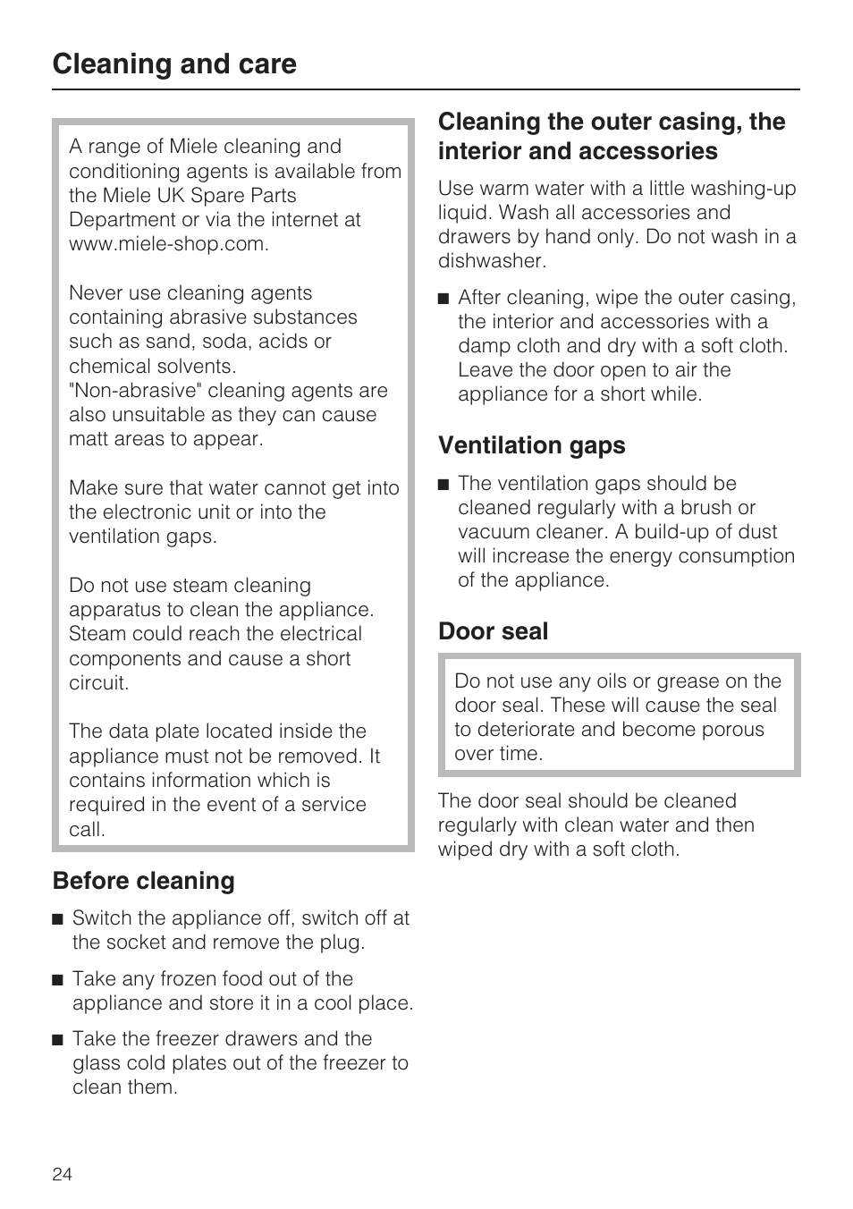 Cleaning and care 24, Ventilation gaps 24, Door seal 24 | Cleaning and care, Before cleaning, Ventilation gaps, Door seal | Miele FN 12620 S User Manual | Page 24 / 40