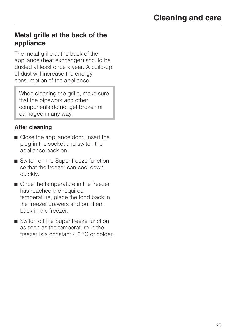 Metal grille at the back of the appliance 25, Cleaning and care, Metal grille at the back of the appliance | Miele FN 12620 S User Manual | Page 25 / 40