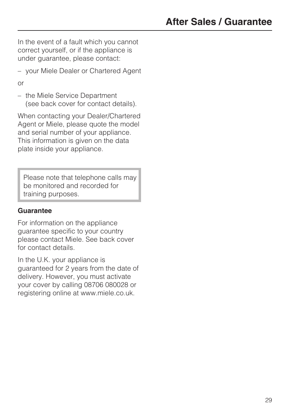 After sales / guarantee 29, After sales / guarantee | Miele FN 12620 S User Manual | Page 29 / 40