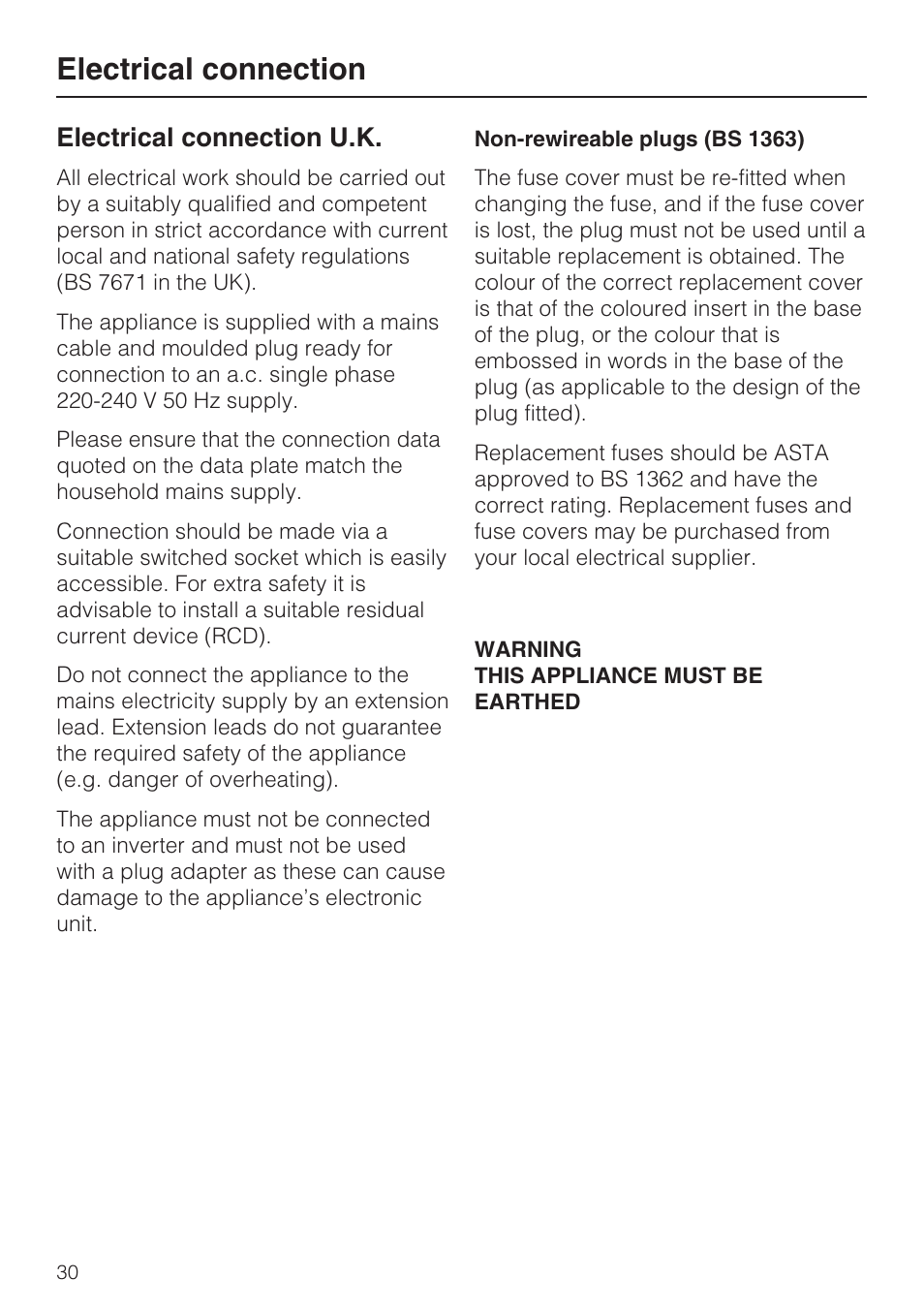 Electrical connection 30, Electrical connection, Electrical connection u.k | Miele FN 12620 S User Manual | Page 30 / 40