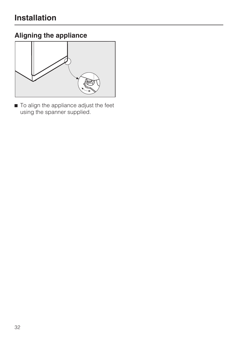 Aligning the appliance 32, Installation | Miele FN 12620 S User Manual | Page 32 / 40