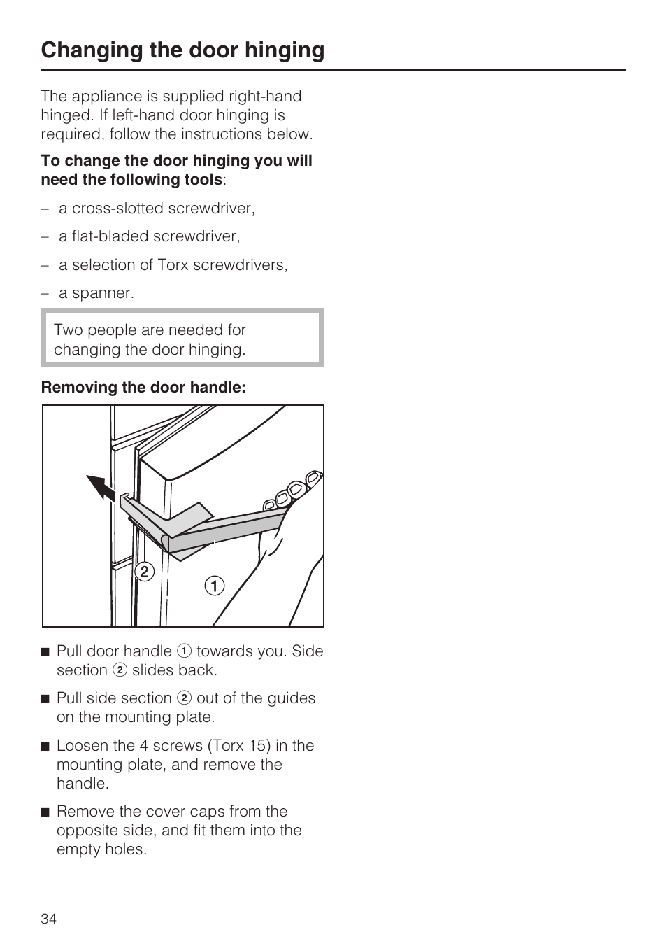 Changing the door hinging 34, Changing the door hinging | Miele FN 12620 S User Manual | Page 34 / 40
