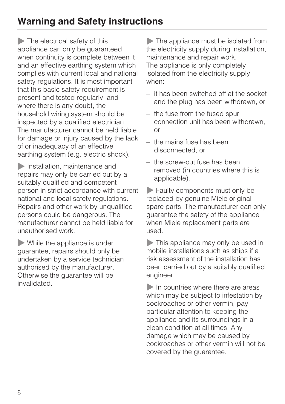 Warning and safety instructions | Miele FN 12620 S User Manual | Page 8 / 40