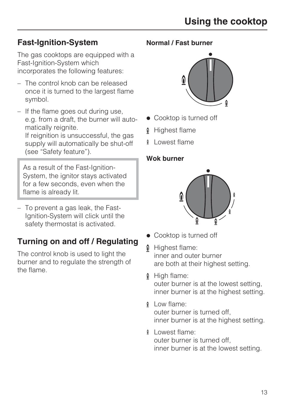 Using the cooktop 13, Fast-ignition-system 13, Turning on and off / regulating 13 | Using the cooktop, Fast-ignition-system, Turning on and off / regulating | Miele KM 3464 User Manual | Page 13 / 40